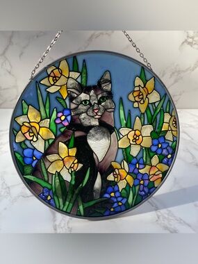 Vintage Joan Baker Cat w/ Flowers Hand Painted Stained Glass Hanging Artwork NEW